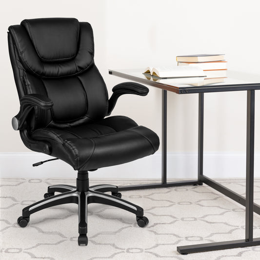 Hansel High Back Black LeatherSoft Executive Swivel Office Chair with Double Layered Headrest and Open Arms Black BT-9896H-GG