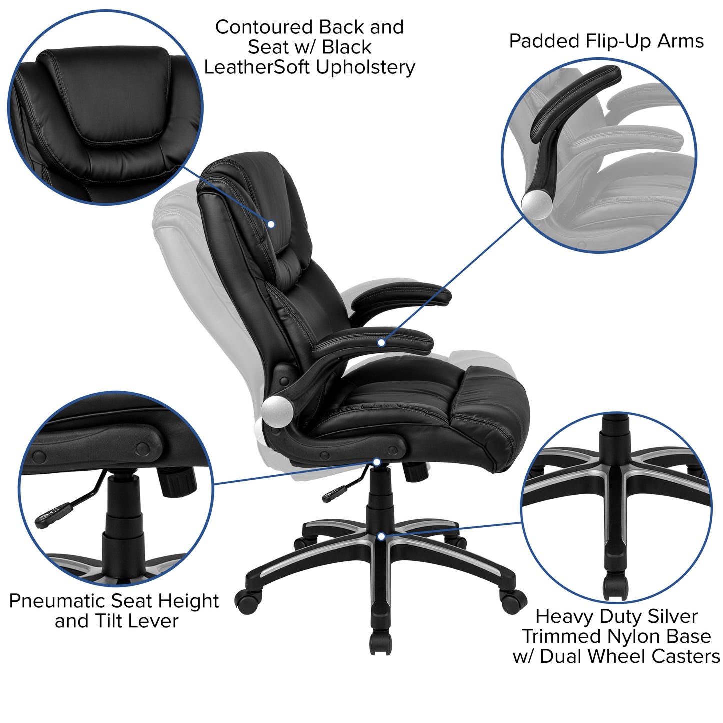 Hansel High Back Black LeatherSoft Executive Swivel Office Chair with Double Layered Headrest and Open Arms Black