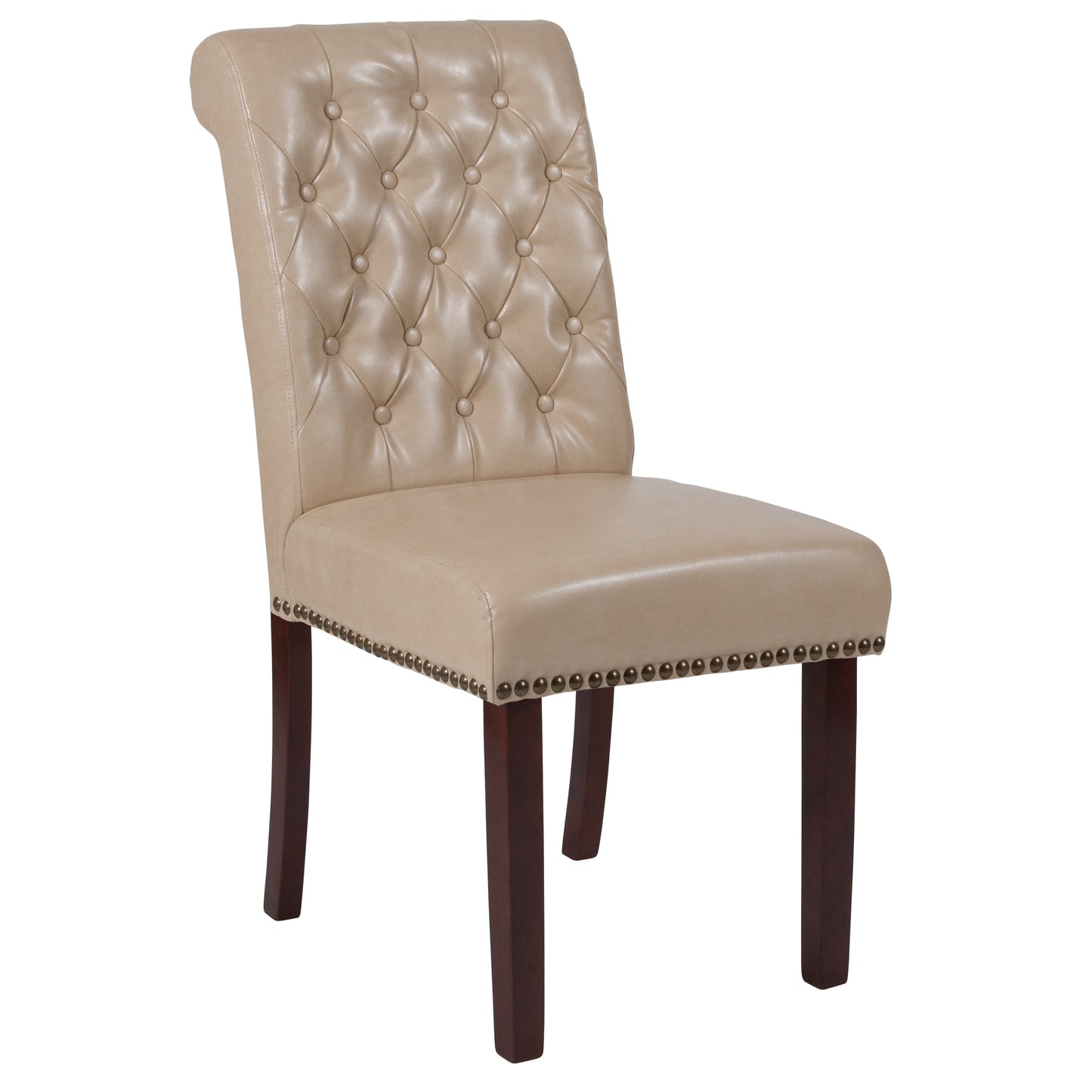 HERCULES Series Beige LeatherSoft Parsons Chair with Rolled Back, Accent Nail Trim and Walnut Finish Beige LeatherSoft