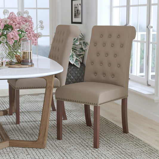 HERCULES Series Beige LeatherSoft Parsons Chair with Rolled Back, Accent Nail Trim and Walnut Finish Beige LeatherSoft