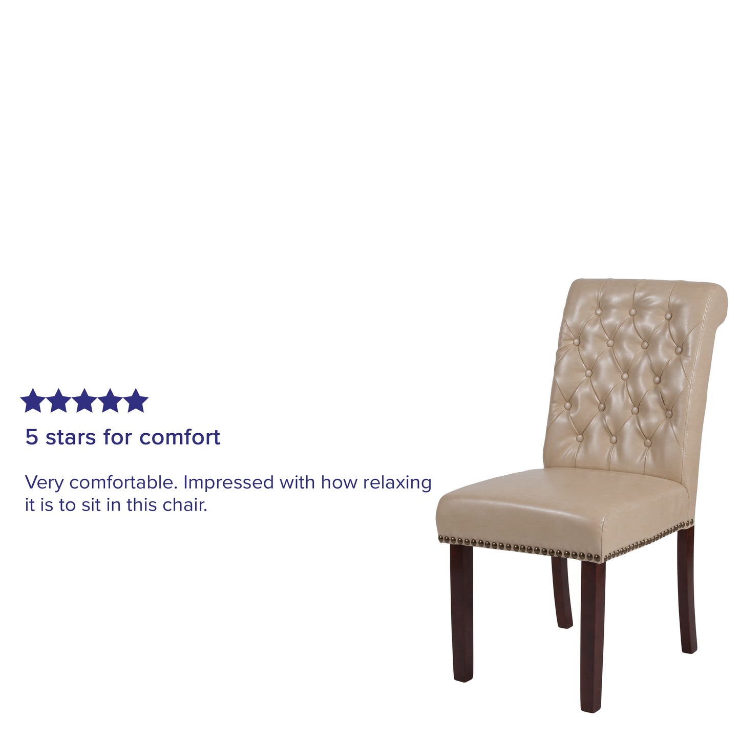 HERCULES Series Beige LeatherSoft Parsons Chair with Rolled Back, Accent Nail Trim and Walnut Finish Beige LeatherSoft