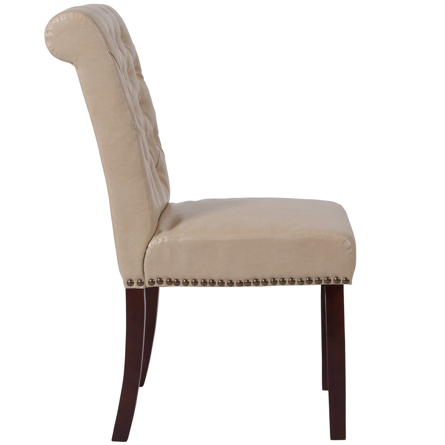 HERCULES Series Beige LeatherSoft Parsons Chair with Rolled Back, Accent Nail Trim and Walnut Finish Beige LeatherSoft