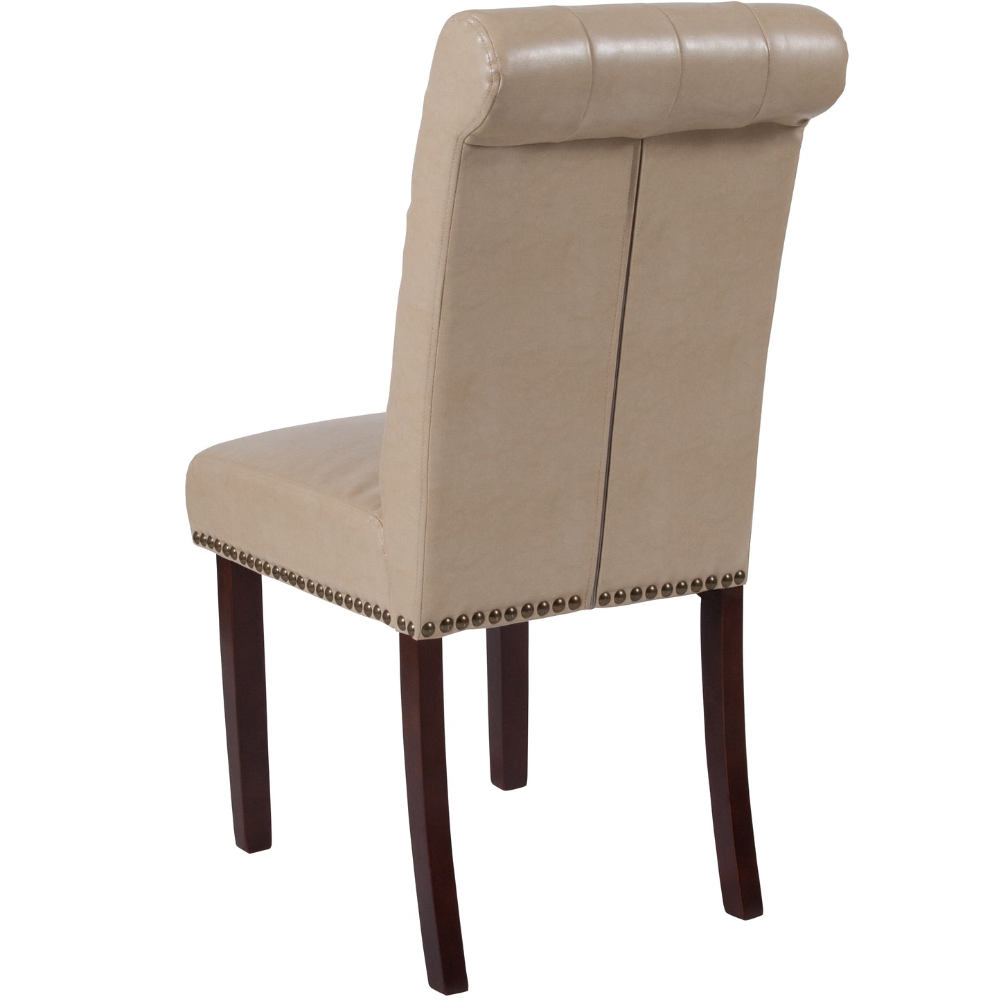 HERCULES Series Beige LeatherSoft Parsons Chair with Rolled Back, Accent Nail Trim and Walnut Finish Beige LeatherSoft