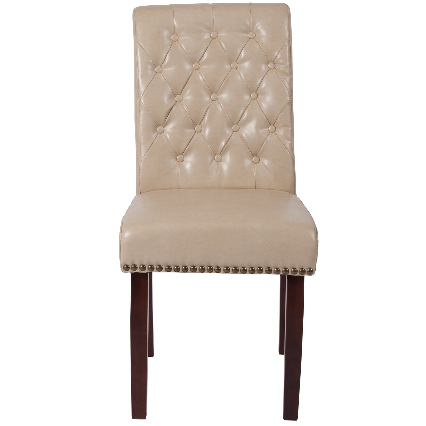 HERCULES Series Beige LeatherSoft Parsons Chair with Rolled Back, Accent Nail Trim and Walnut Finish Beige LeatherSoft