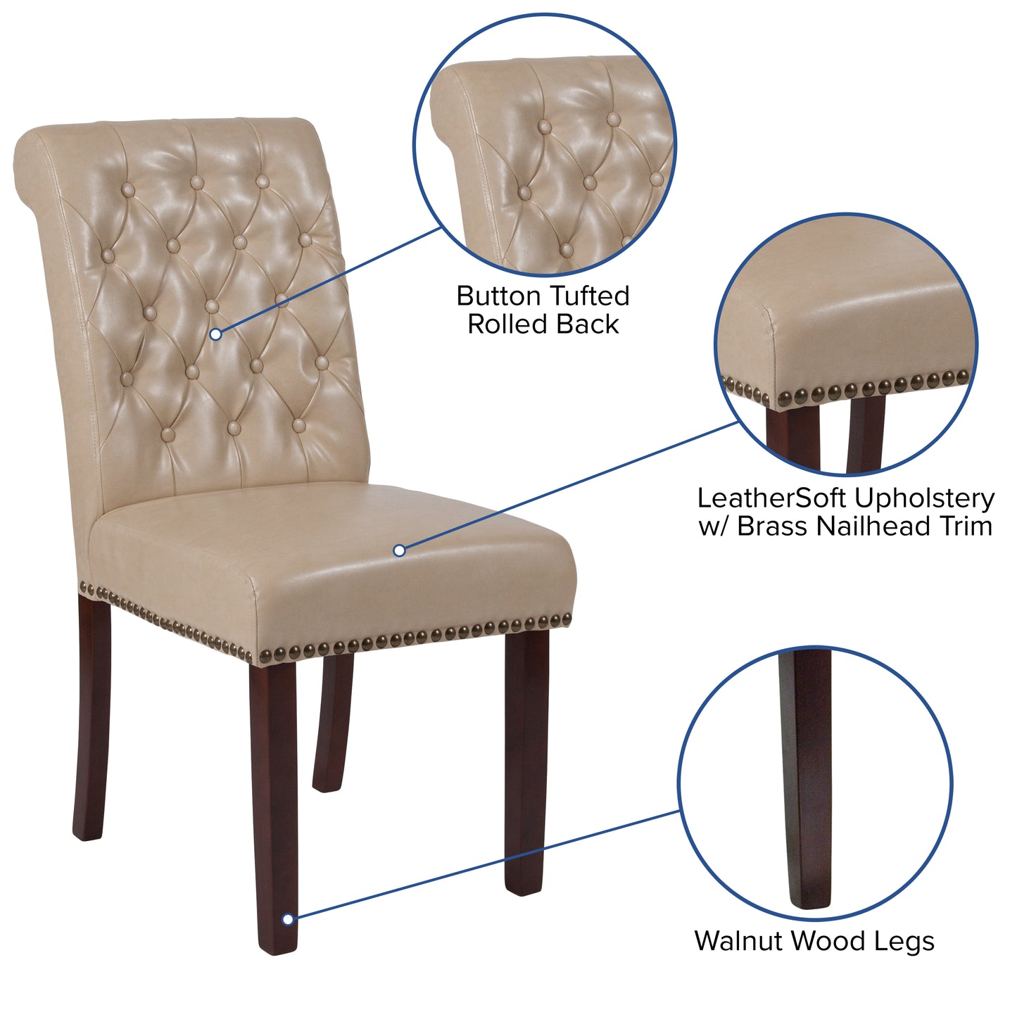 HERCULES Series Beige LeatherSoft Parsons Chair with Rolled Back, Accent Nail Trim and Walnut Finish Beige LeatherSoft