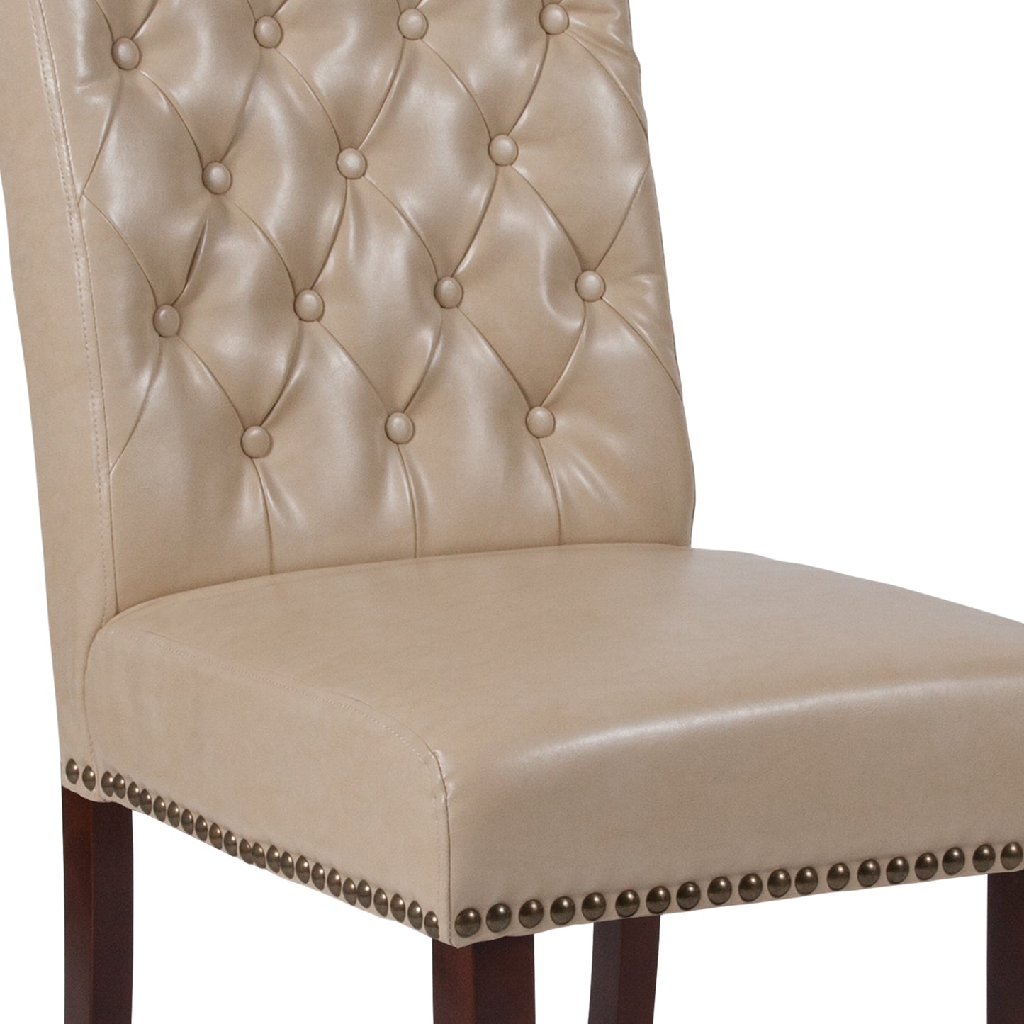HERCULES Series Beige LeatherSoft Parsons Chair with Rolled Back, Accent Nail Trim and Walnut Finish Beige LeatherSoft
