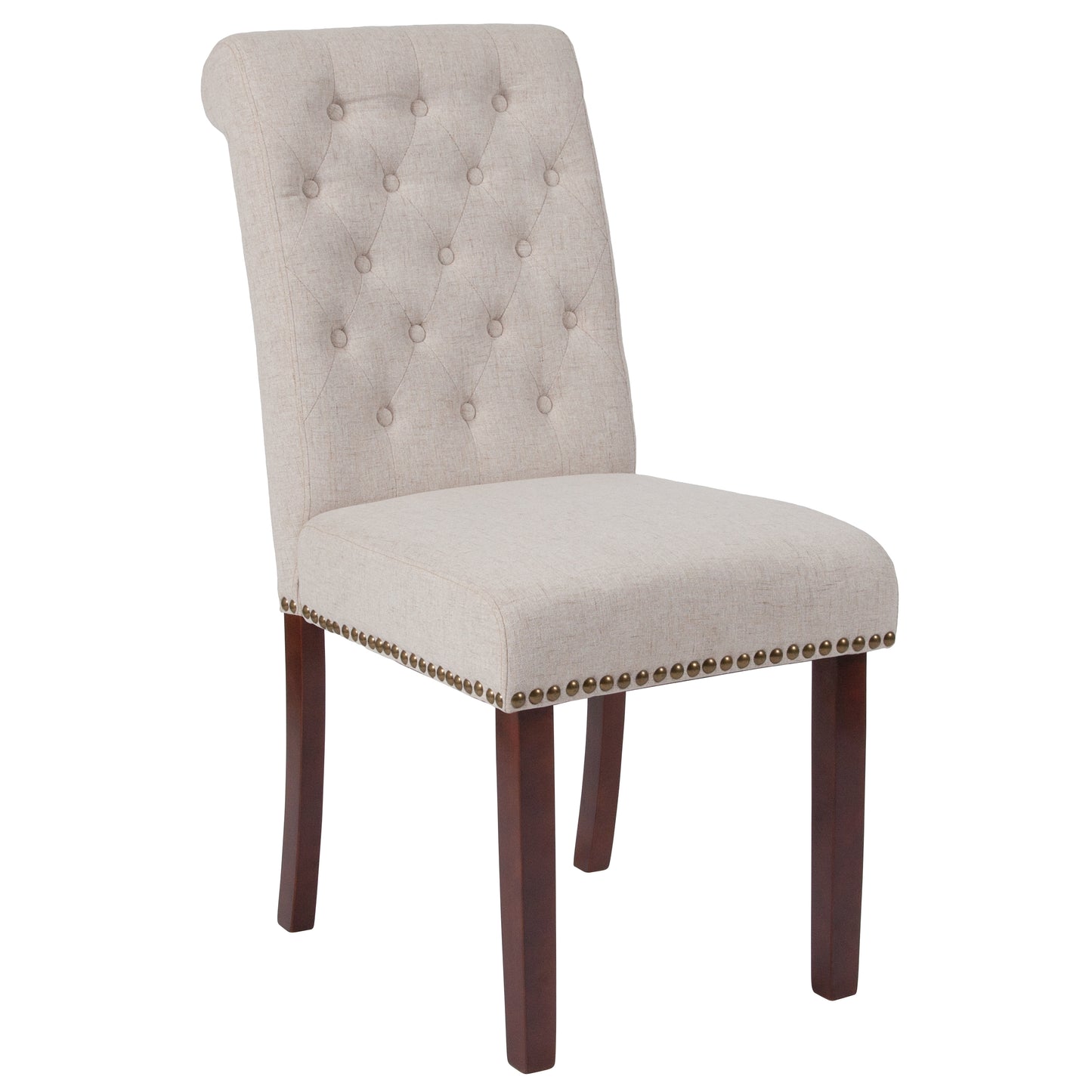 HERCULES Series Beige Fabric Parsons Chair with Rolled Back, Accent Nail Trim and Walnut Finish Beige Fabric