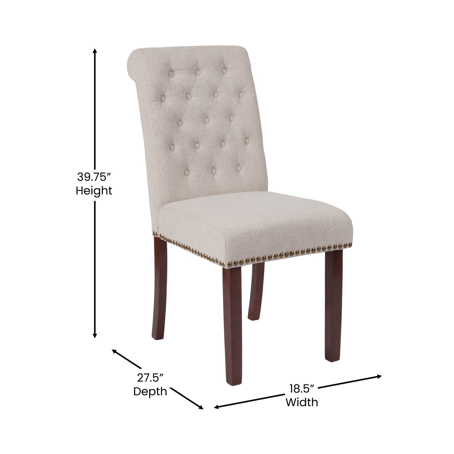 HERCULES Series Beige Fabric Parsons Chair with Rolled Back, Accent Nail Trim and Walnut Finish Beige Fabric