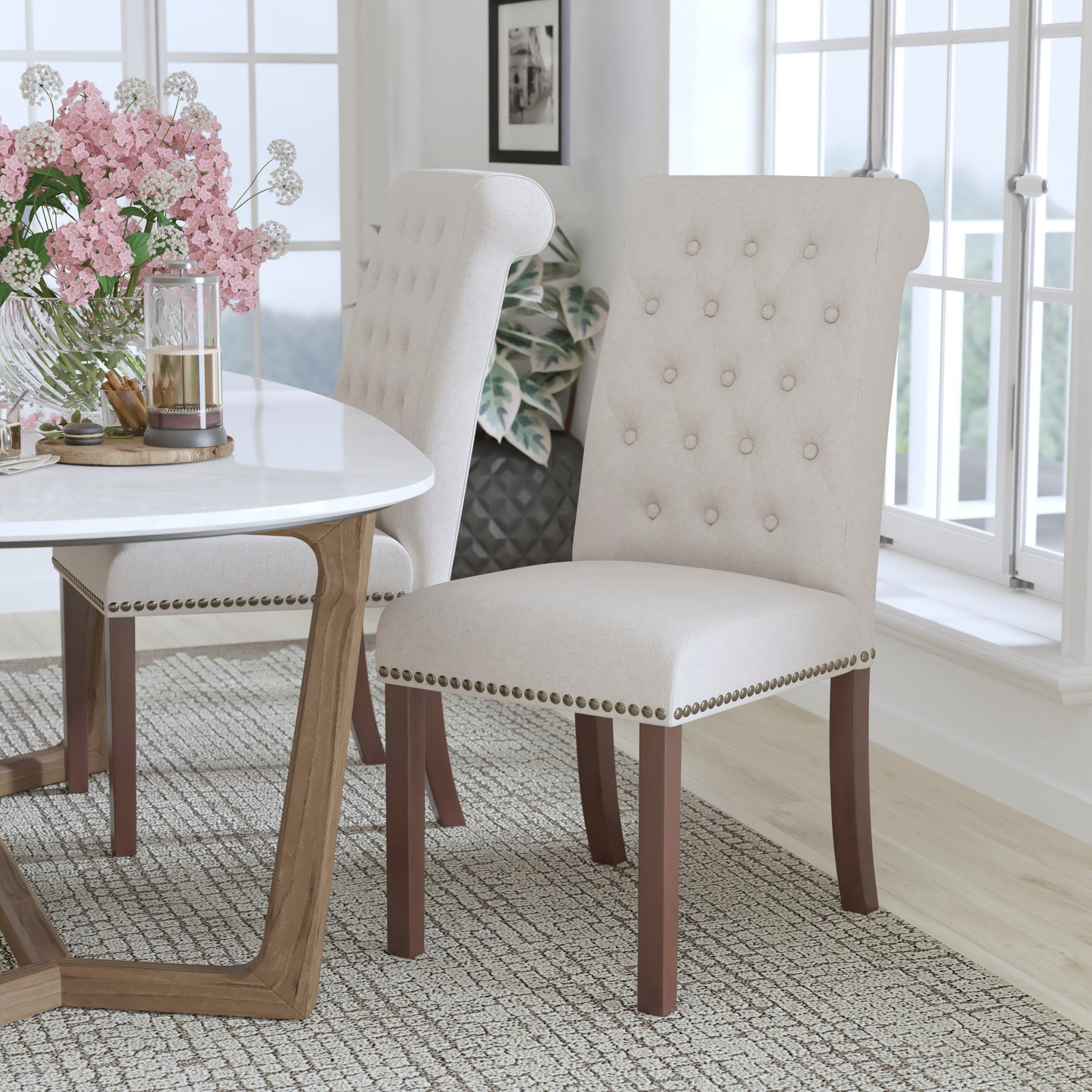 HERCULES Series Beige Fabric Parsons Chair with Rolled Back, Accent Nail Trim and Walnut Finish Beige Fabric