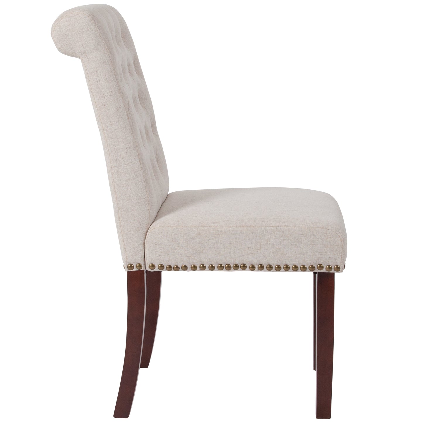 HERCULES Series Beige Fabric Parsons Chair with Rolled Back, Accent Nail Trim and Walnut Finish Beige Fabric