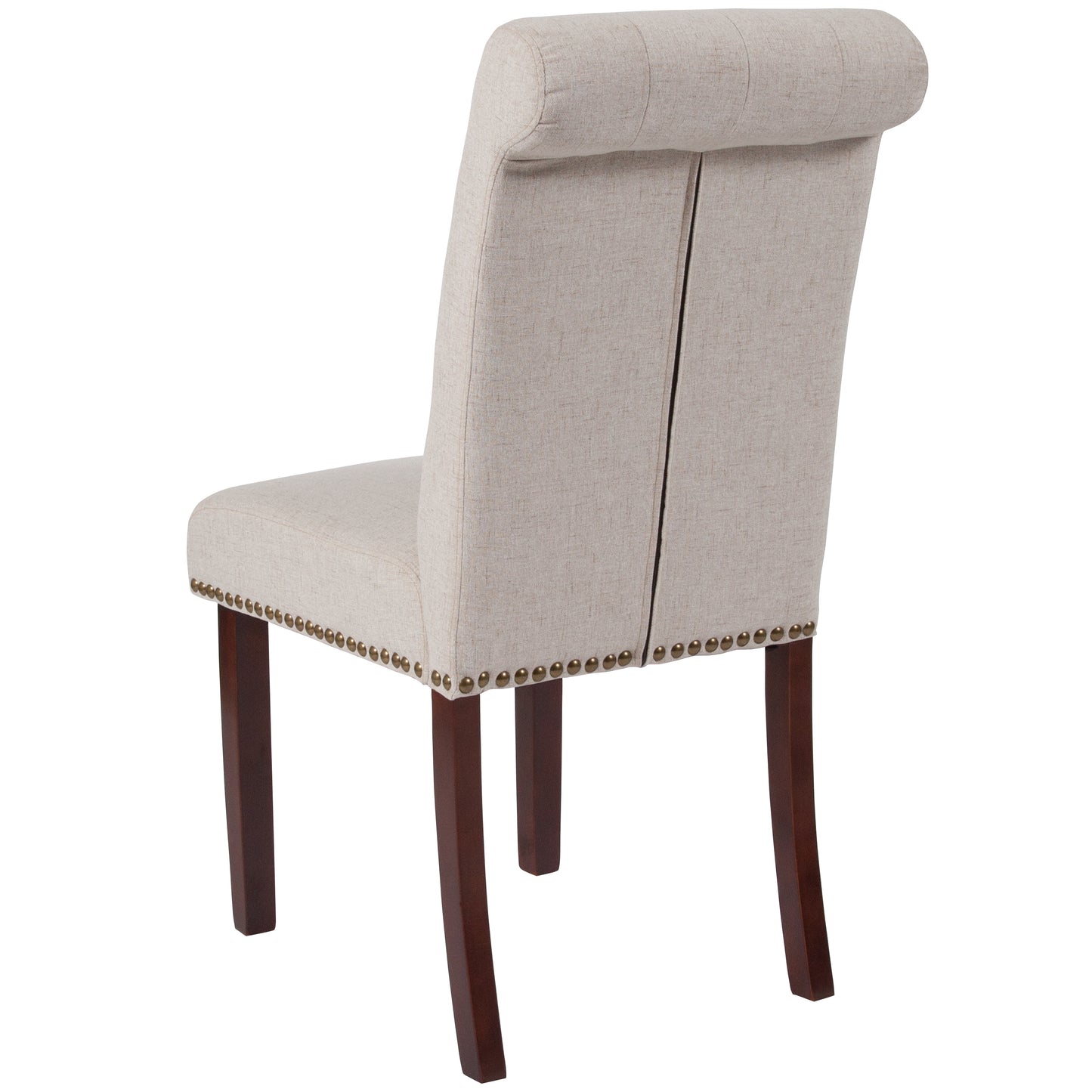 HERCULES Series Beige Fabric Parsons Chair with Rolled Back, Accent Nail Trim and Walnut Finish Beige Fabric