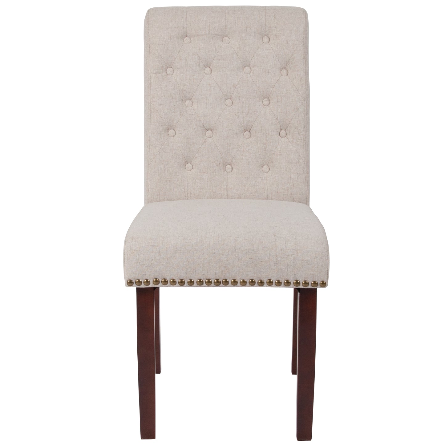HERCULES Series Beige Fabric Parsons Chair with Rolled Back, Accent Nail Trim and Walnut Finish Beige Fabric