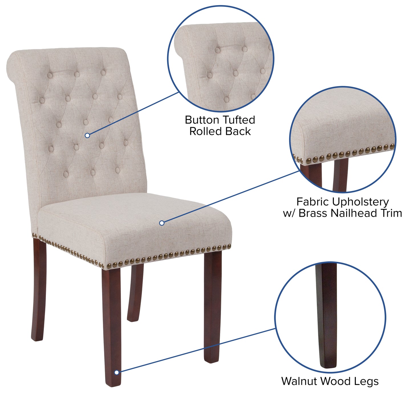HERCULES Series Beige Fabric Parsons Chair with Rolled Back, Accent Nail Trim and Walnut Finish Beige Fabric