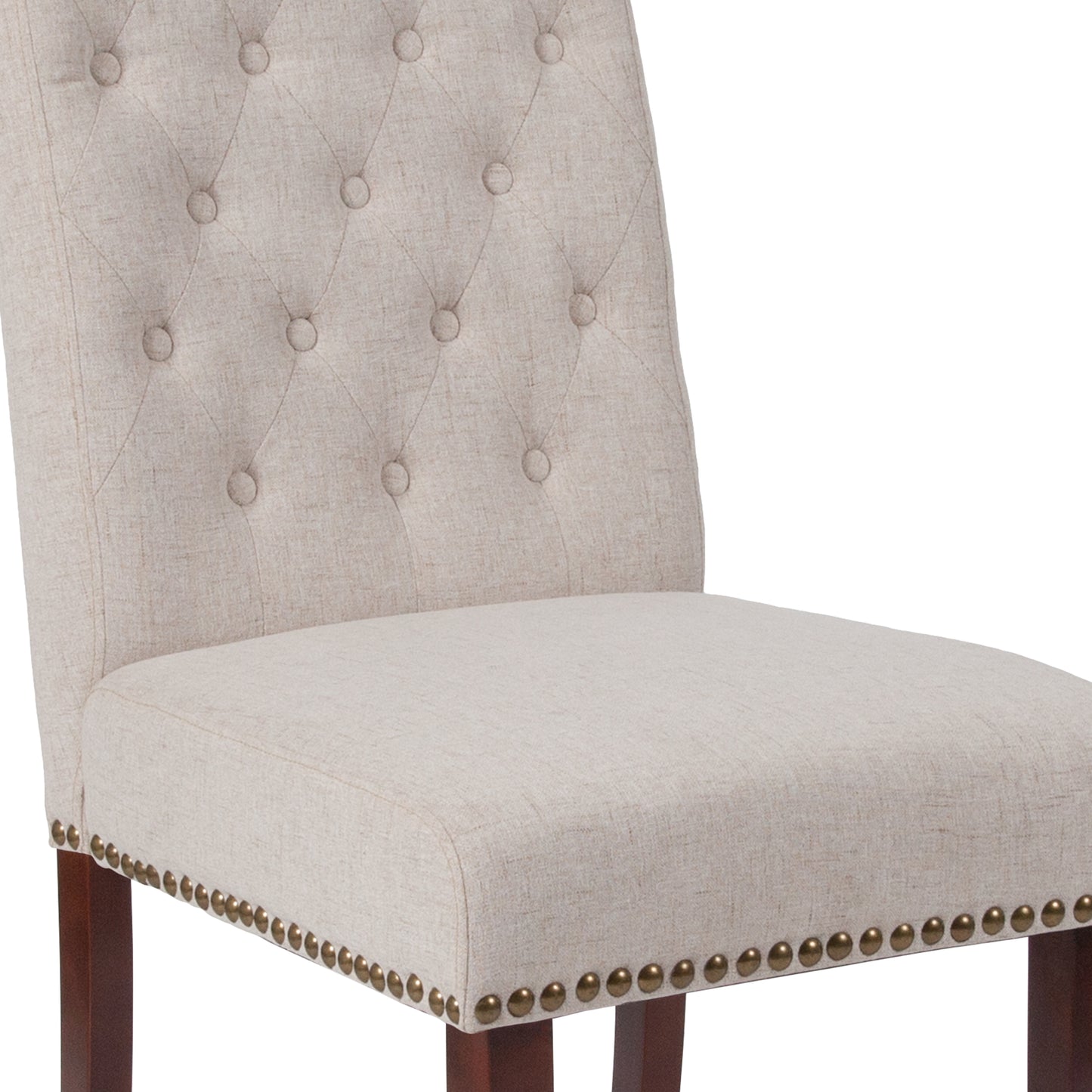 HERCULES Series Beige Fabric Parsons Chair with Rolled Back, Accent Nail Trim and Walnut Finish Beige Fabric