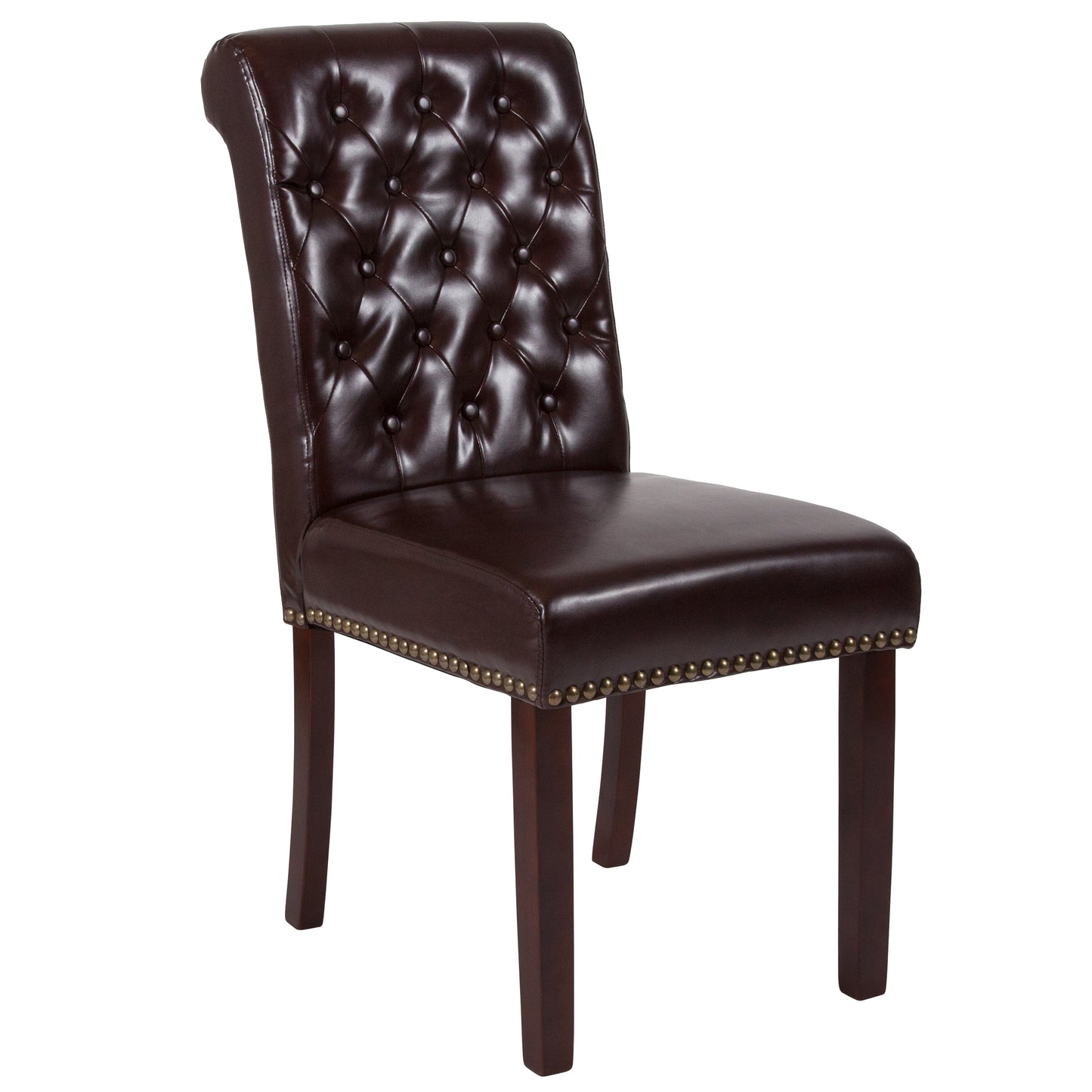 HERCULES Series Brown LeatherSoft Parsons Chair with Rolled Back, Accent Nail Trim and Walnut Finish Brown LeatherSoft