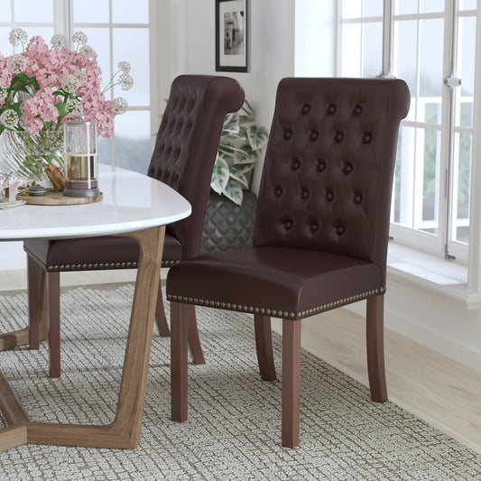 HERCULES Series Brown LeatherSoft Parsons Chair with Rolled Back, Accent Nail Trim and Walnut Finish Brown LeatherSoft