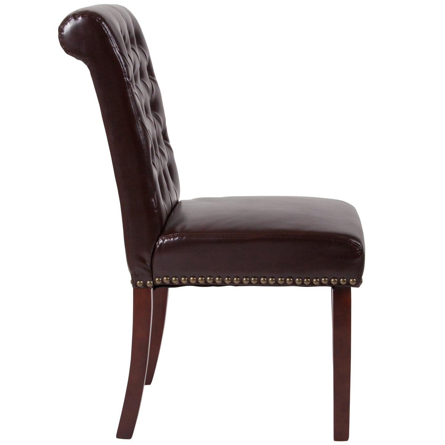 HERCULES Series Brown LeatherSoft Parsons Chair with Rolled Back, Accent Nail Trim and Walnut Finish Brown LeatherSoft