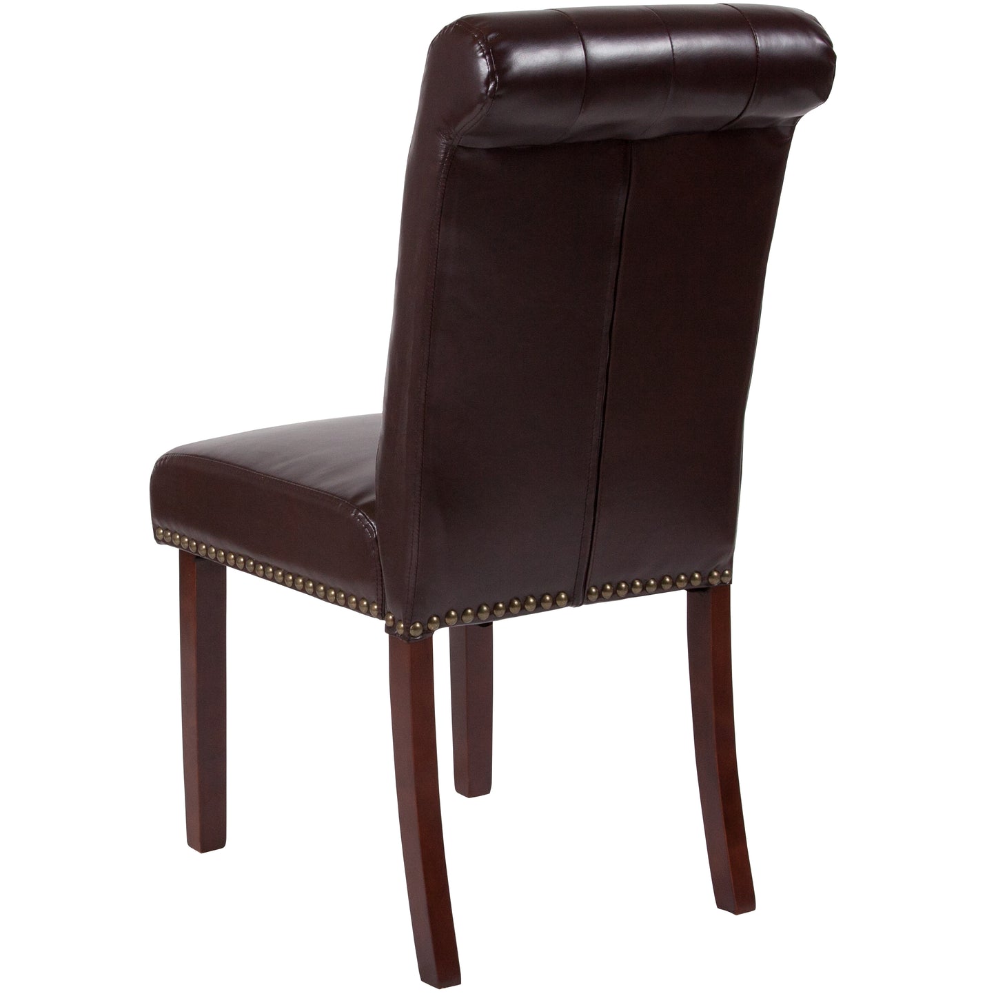 HERCULES Series Brown LeatherSoft Parsons Chair with Rolled Back, Accent Nail Trim and Walnut Finish Brown LeatherSoft