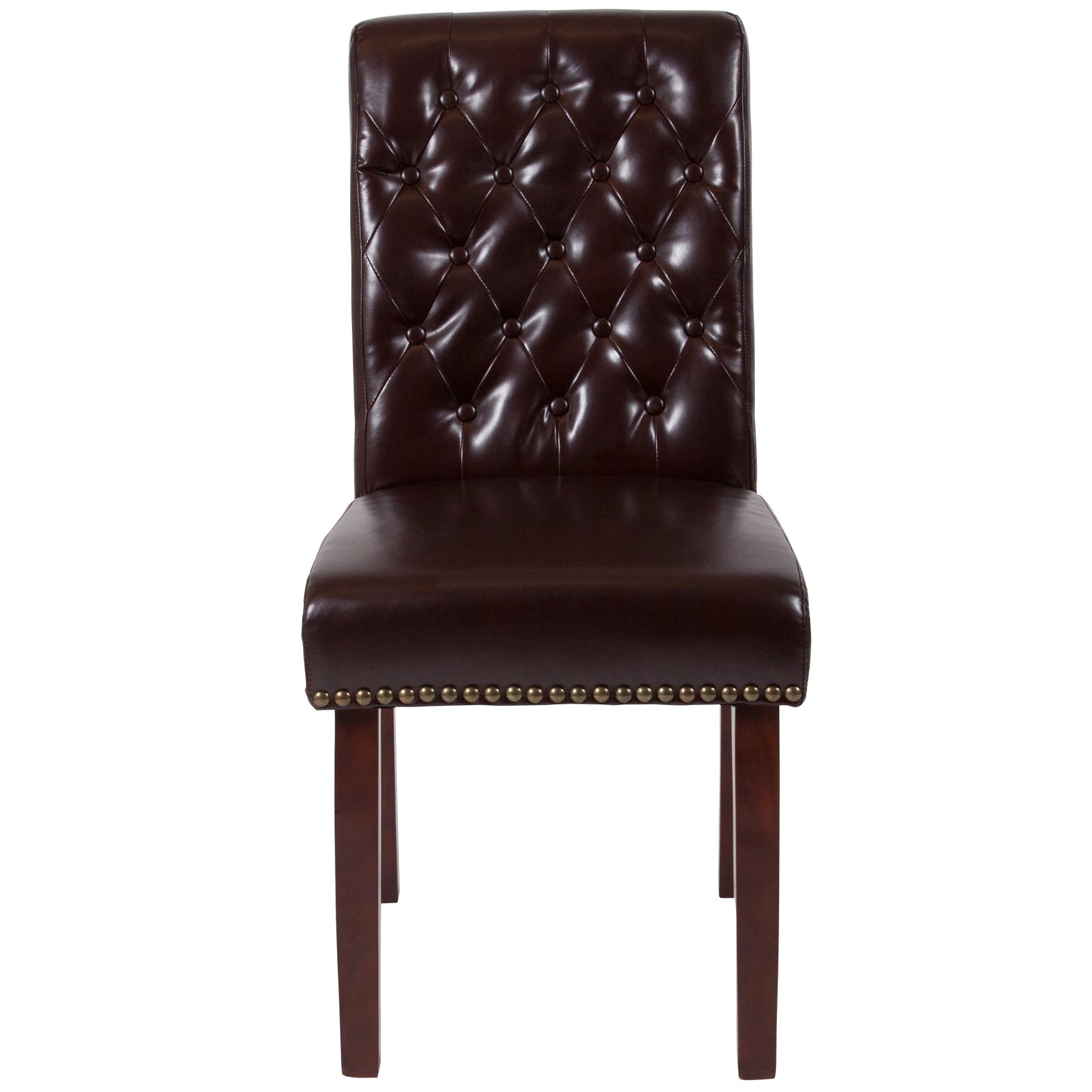 HERCULES Series Brown LeatherSoft Parsons Chair with Rolled Back, Accent Nail Trim and Walnut Finish Brown LeatherSoft