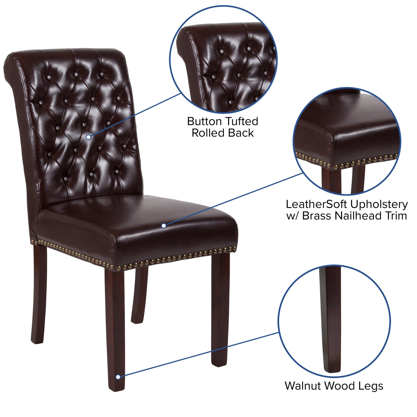 HERCULES Series Brown LeatherSoft Parsons Chair with Rolled Back, Accent Nail Trim and Walnut Finish Brown LeatherSoft