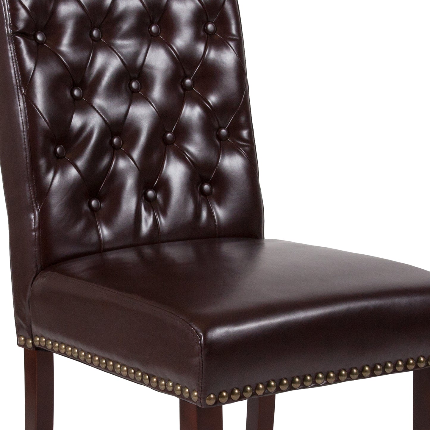 HERCULES Series Brown LeatherSoft Parsons Chair with Rolled Back, Accent Nail Trim and Walnut Finish Brown LeatherSoft