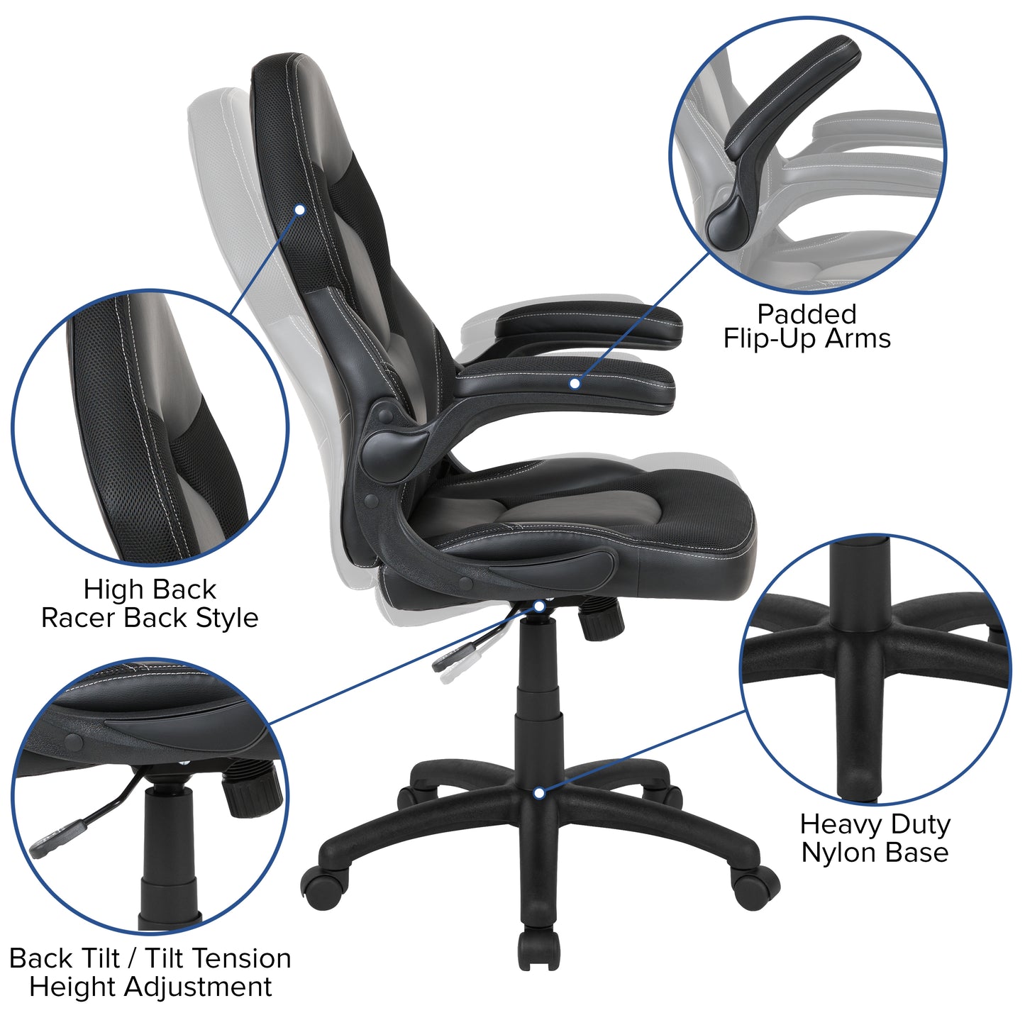 X10 Gaming Chair, Racing Style Ergonomic Office Chair, Height Adjustable Swivel Computer Chair with Flip-Up Arms, Black LeatherSoft Black
