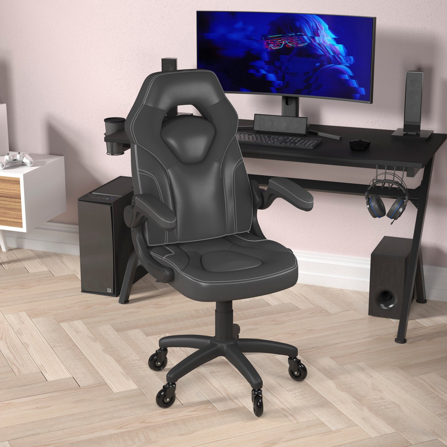 X10 Gaming Chair Racing Office Computer PC Adjustable Chair with Flip-up Arms and Transparent Roller Wheels, Black LeatherSoft Black