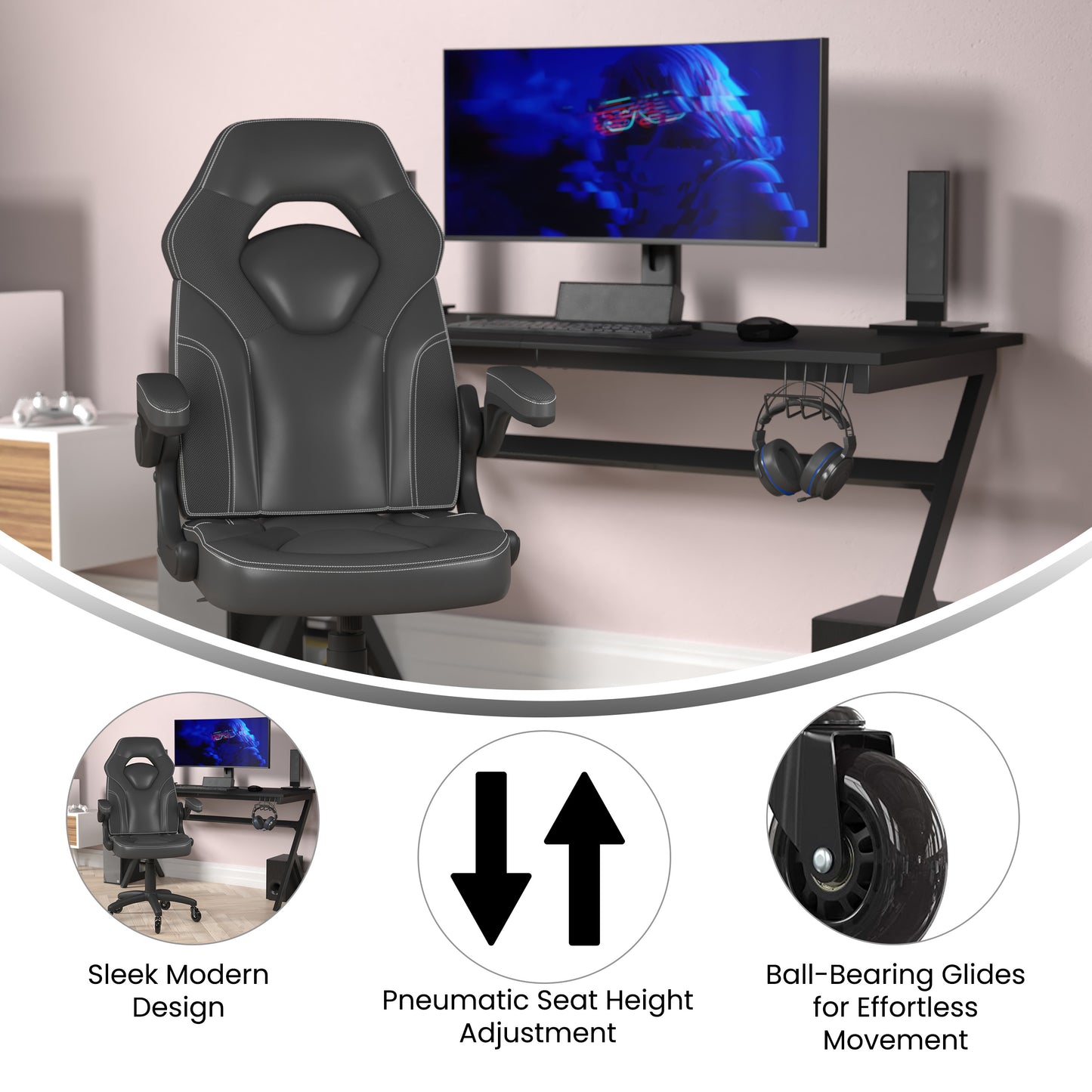 X10 Gaming Chair Racing Office Computer PC Adjustable Chair with Flip-up Arms and Transparent Roller Wheels, Black LeatherSoft Black