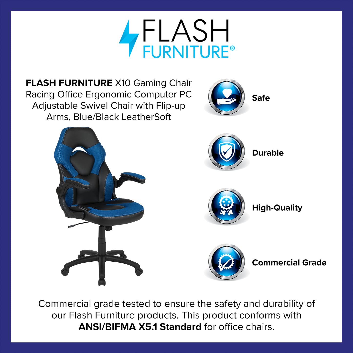 X10 Gaming Chair, Racing Style Ergonomic Office Chair, Height Adjustable Swivel Computer Chair with Flip-Up Arms, Blue/Black LeatherSoft Blue