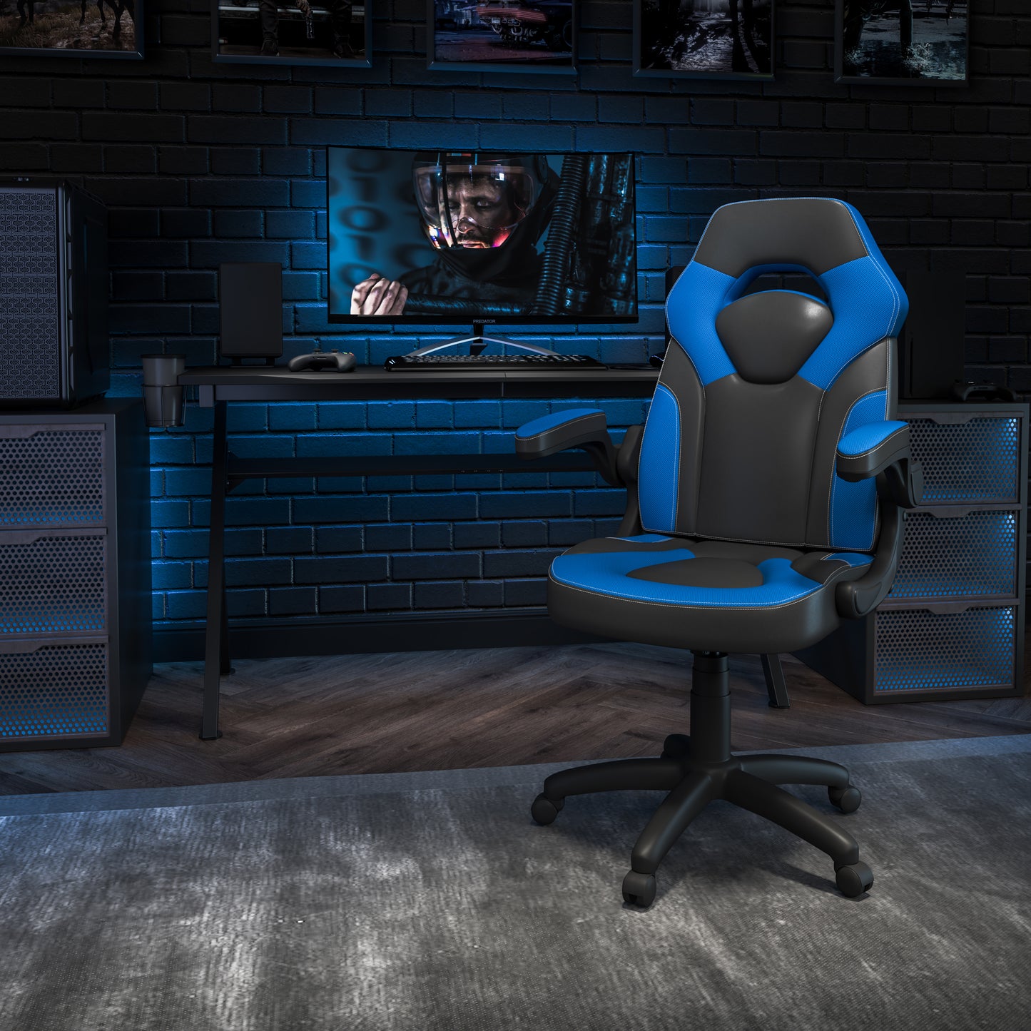 X10 Gaming Chair, Racing Style Ergonomic Office Chair, Height Adjustable Swivel Computer Chair with Flip-Up Arms, Blue/Black LeatherSoft Blue