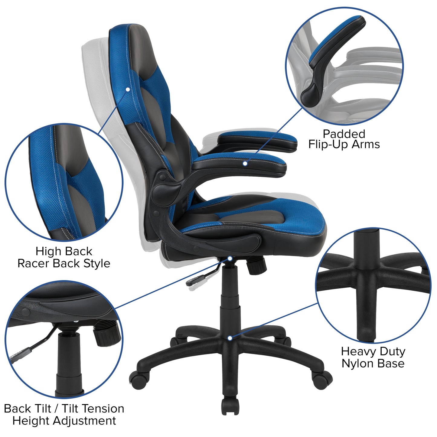 X10 Gaming Chair, Racing Style Ergonomic Office Chair, Height Adjustable Swivel Computer Chair with Flip-Up Arms, Blue/Black LeatherSoft Blue