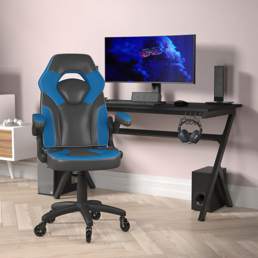 X10 Gaming Chair Racing Office Computer PC Adjustable Chair with Flip-up Arms and Transparent Roller Wheels, Blue/Black LeatherSoft Blue CH-00095-BL-RLB-GG