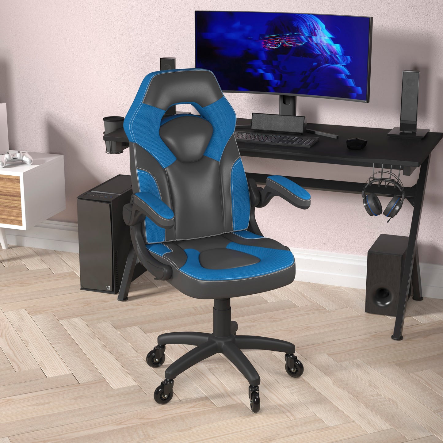 X10 Gaming Chair Racing Office Computer PC Adjustable Chair with Flip-up Arms and Transparent Roller Wheels, Blue/Black LeatherSoft Blue