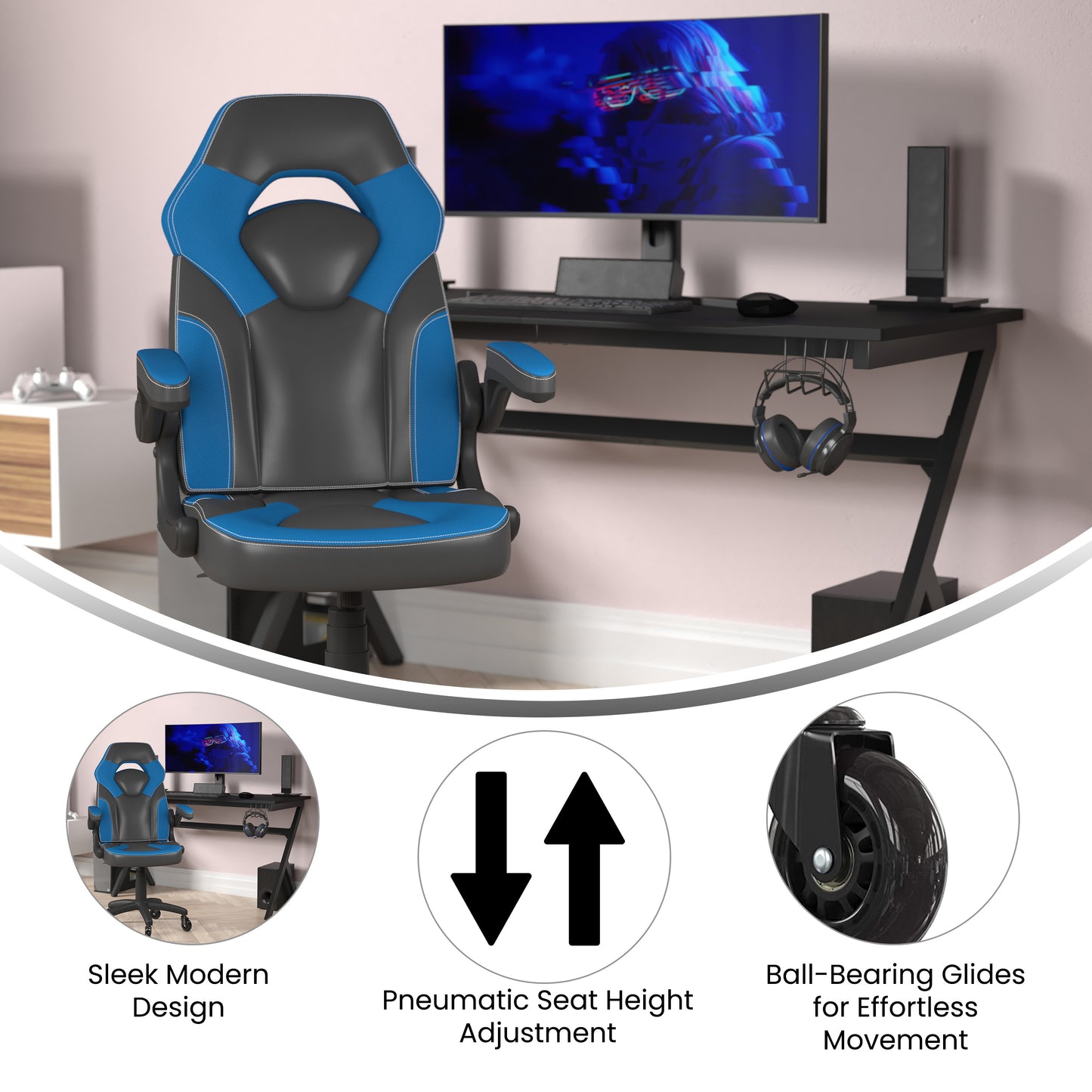 X10 Gaming Chair Racing Office Computer PC Adjustable Chair with Flip-up Arms and Transparent Roller Wheels, Blue/Black LeatherSoft Blue