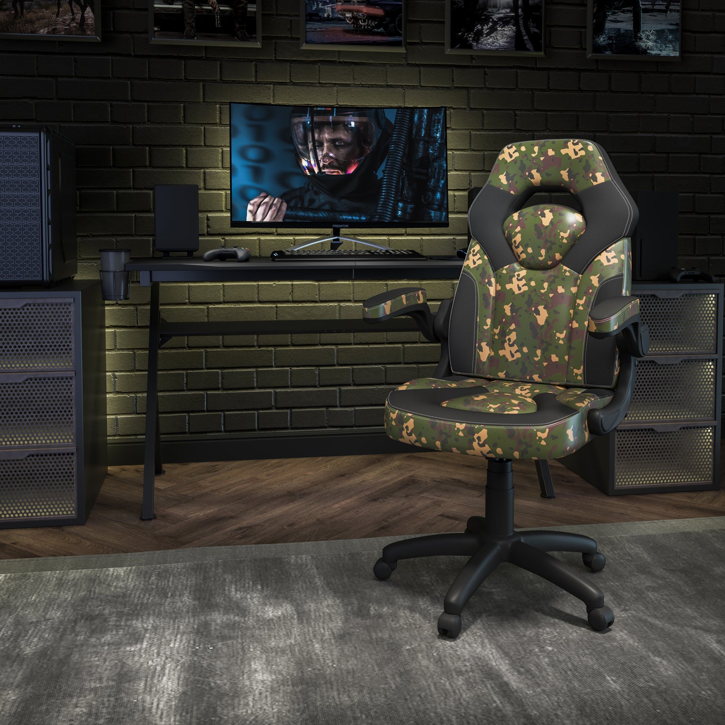X10 Gaming Chair, Racing Style Ergonomic Office Chair, Height Adjustable Swivel Computer Chair with Flip-Up Arms, Camouflage/Black LeatherSoft Camouflage