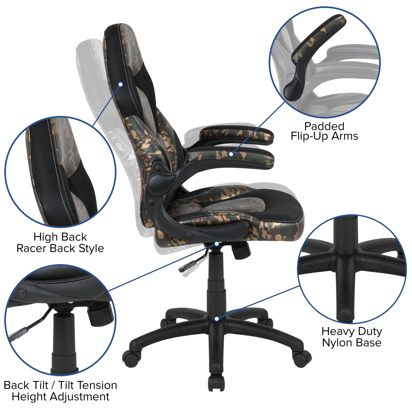 X10 Gaming Chair, Racing Style Ergonomic Office Chair, Height Adjustable Swivel Computer Chair with Flip-Up Arms, Camouflage/Black LeatherSoft Camouflage