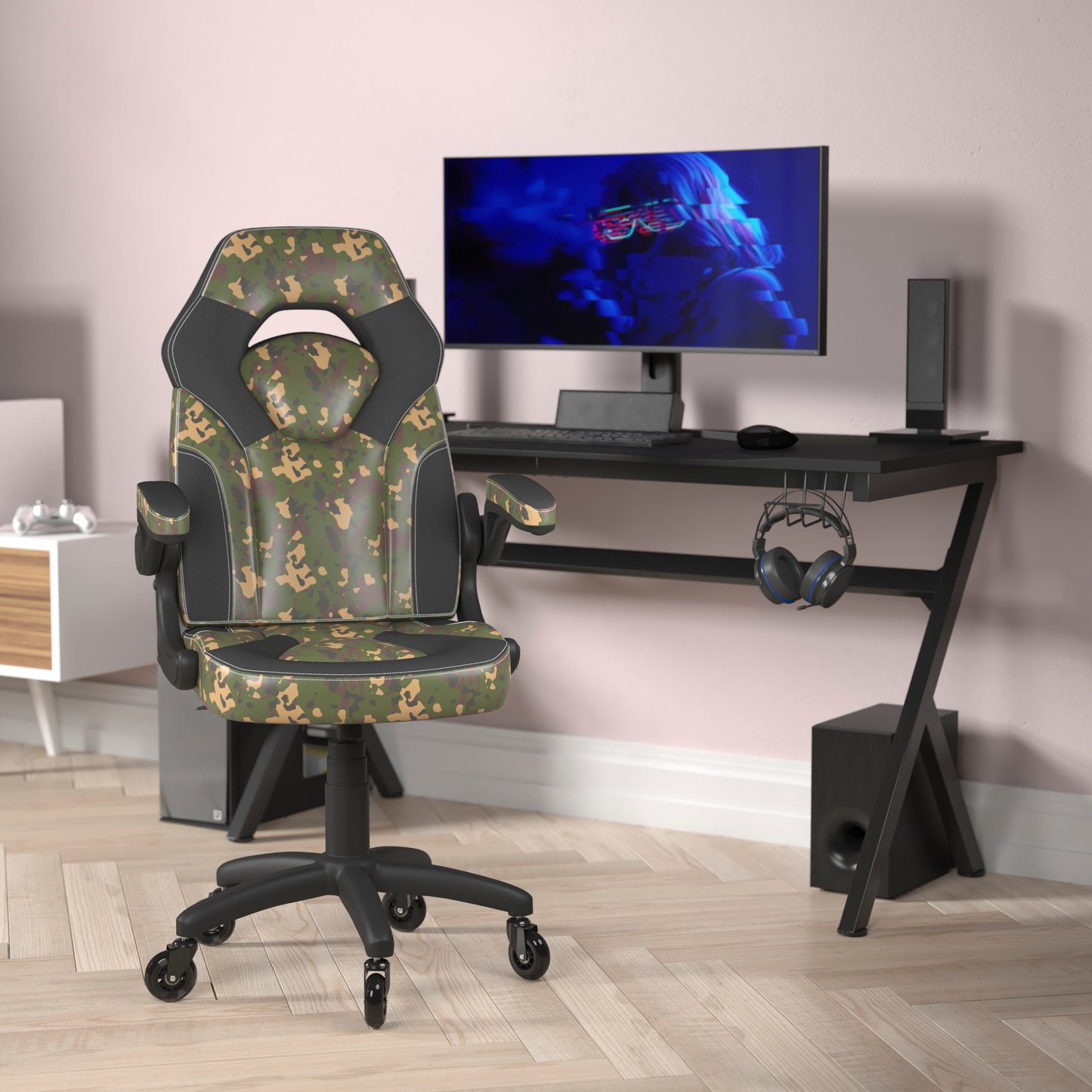X10 Gaming Chair Racing Computer PC Adjustable Chair with Flip-up Arms and Transparent Roller Wheels, Camouflage/Black LeatherSoft Camouflage