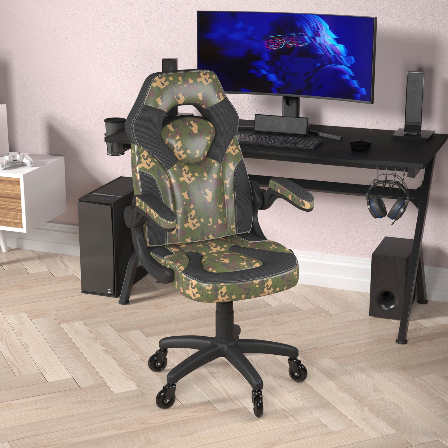 X10 Gaming Chair Racing Computer PC Adjustable Chair with Flip-up Arms and Transparent Roller Wheels, Camouflage/Black LeatherSoft Camouflage