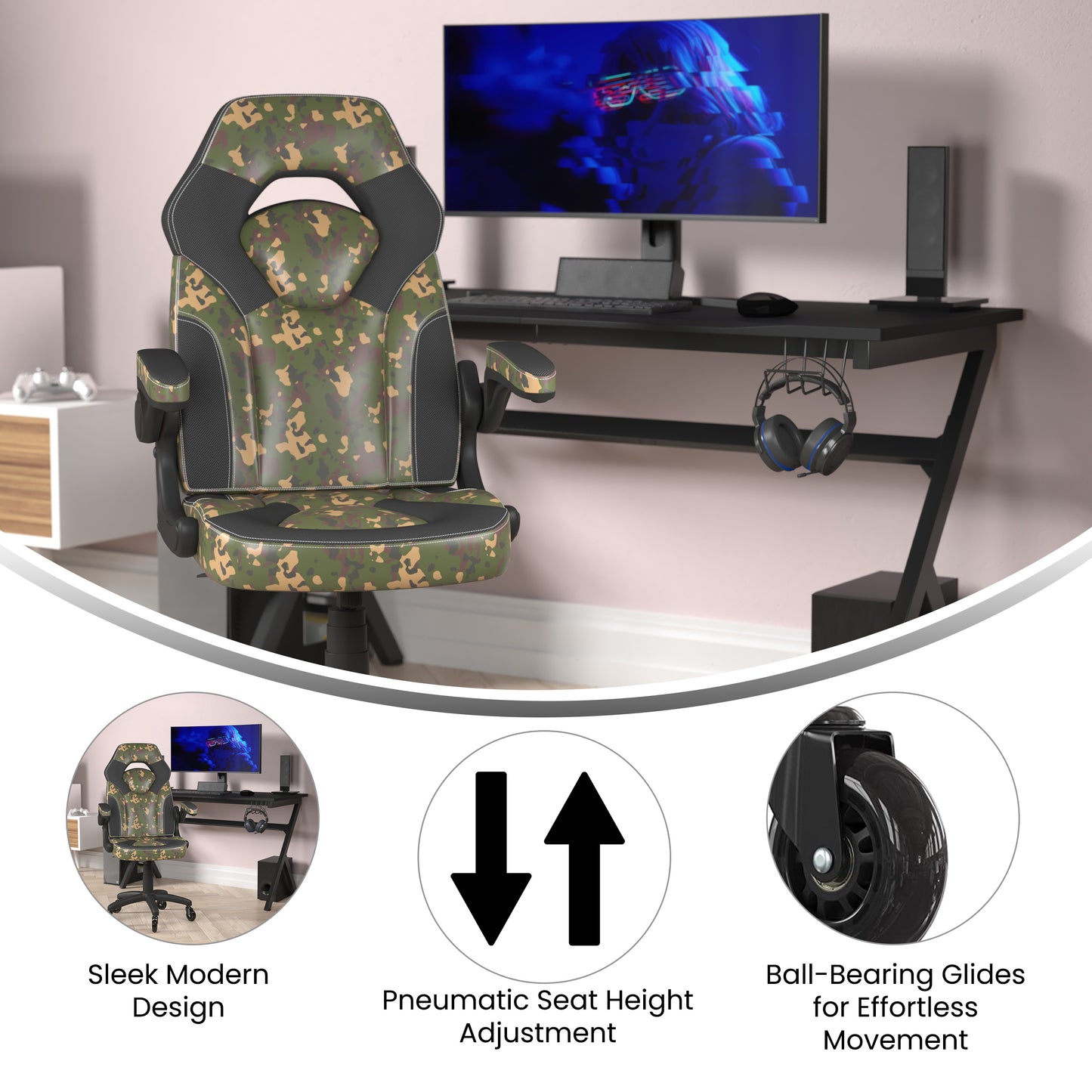 X10 Gaming Chair Racing Computer PC Adjustable Chair with Flip-up Arms and Transparent Roller Wheels, Camouflage/Black LeatherSoft Camouflage