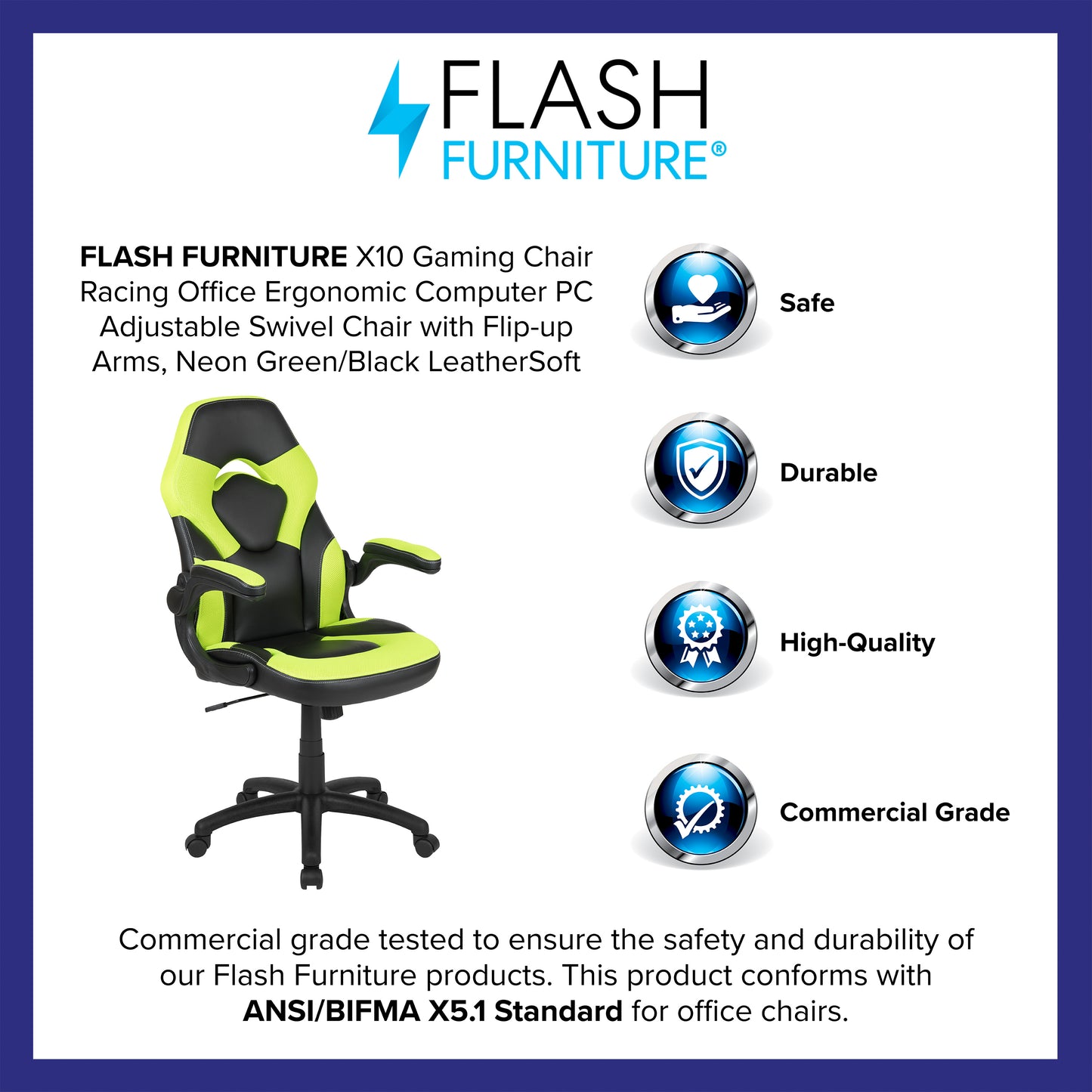 X10 Gaming Chair, Racing Style Ergonomic Office Chair, Height Adjustable Swivel Computer Chair with Flip-Up Arms, Neon Green/Black LeatherSoft Neon Green