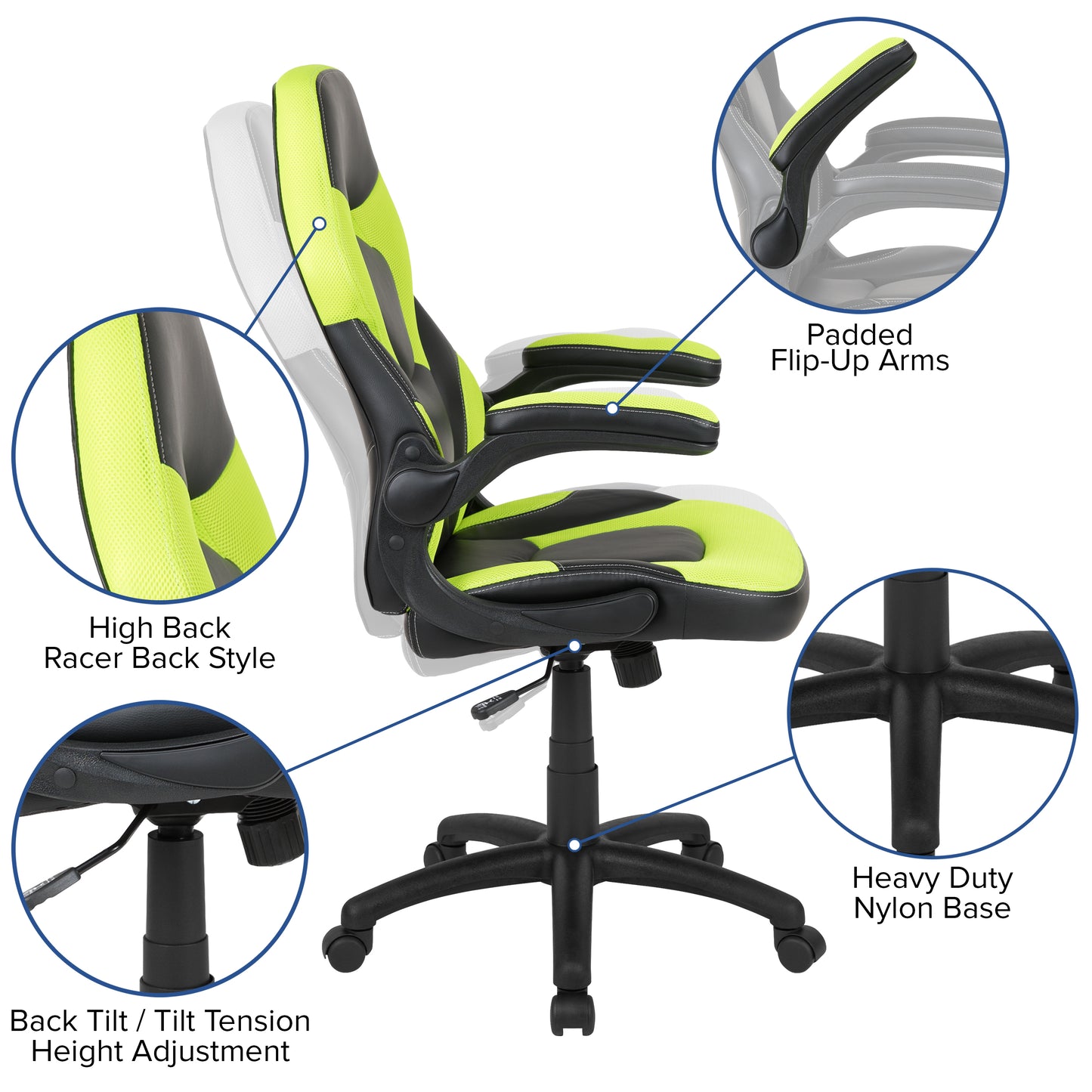 X10 Gaming Chair, Racing Style Ergonomic Office Chair, Height Adjustable Swivel Computer Chair with Flip-Up Arms, Neon Green/Black LeatherSoft Neon Green