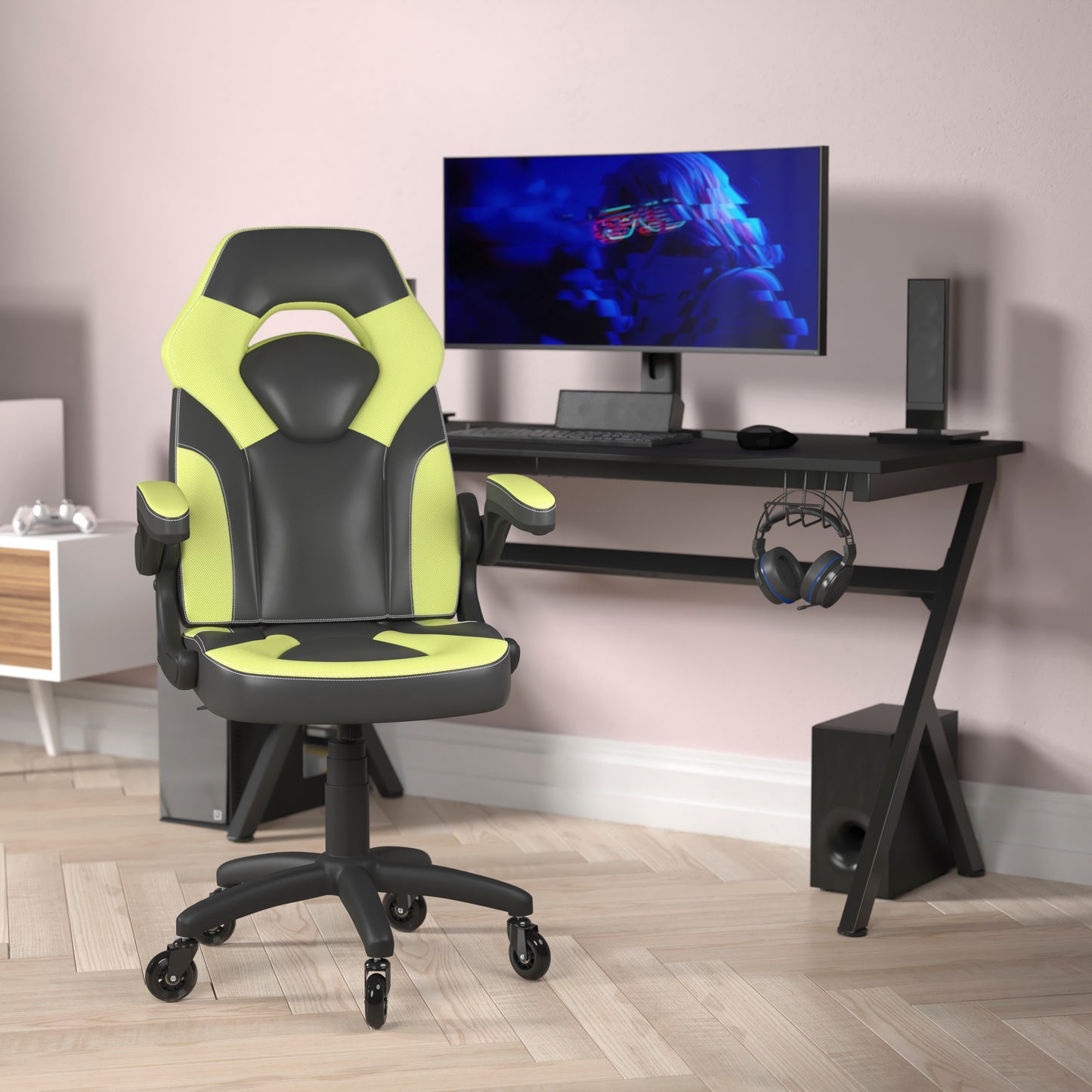 X10 Gaming Chair Racing Computer PC Adjustable Chair with Flip-up Arms and Transparent Roller Wheels, Neon Green/Black LeatherSoft Neon Green