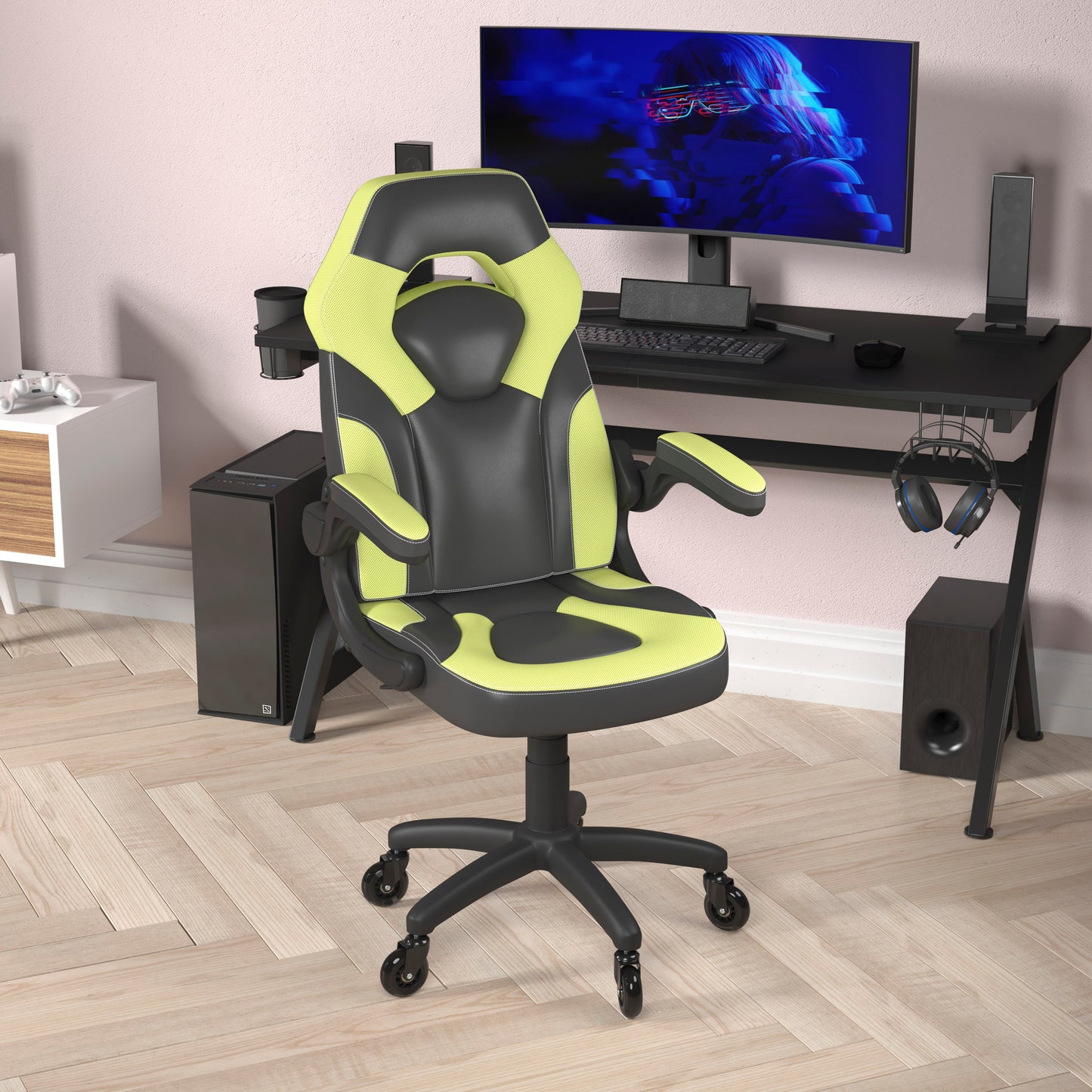 X10 Gaming Chair Racing Computer PC Adjustable Chair with Flip-up Arms and Transparent Roller Wheels, Neon Green/Black LeatherSoft Neon Green
