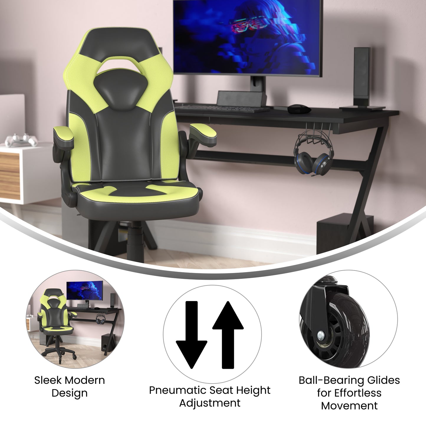 X10 Gaming Chair Racing Computer PC Adjustable Chair with Flip-up Arms and Transparent Roller Wheels, Neon Green/Black LeatherSoft Neon Green