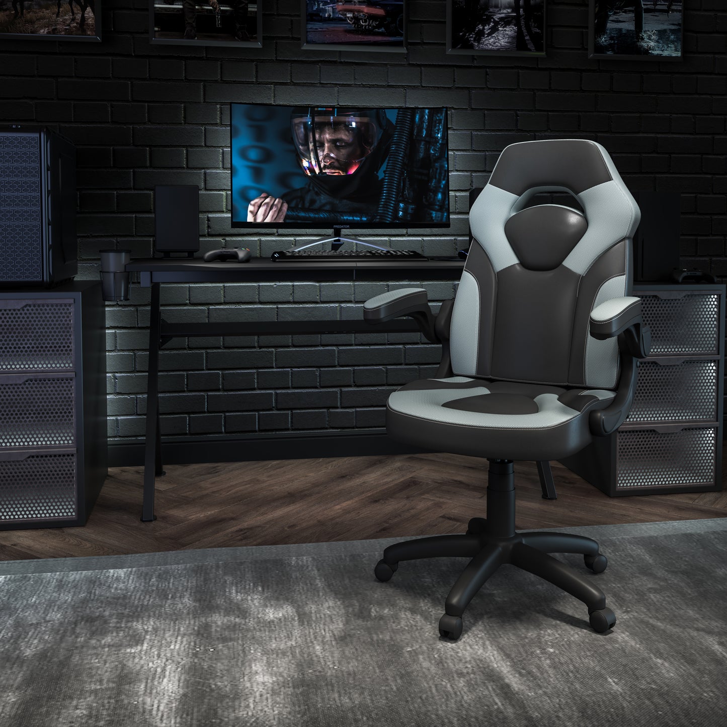 X10 Gaming Chair, Racing Style Ergonomic Office Chair, Height Adjustable Swivel Computer Chair with Flip-Up Arms, Gray/Black LeatherSoft Gray