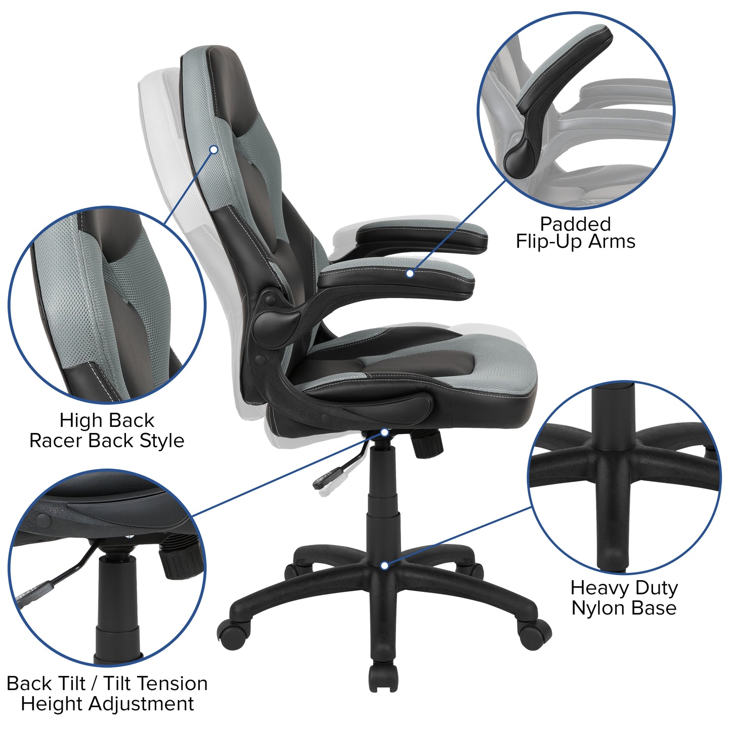 X10 Gaming Chair, Racing Style Ergonomic Office Chair, Height Adjustable Swivel Computer Chair with Flip-Up Arms, Gray/Black LeatherSoft Gray