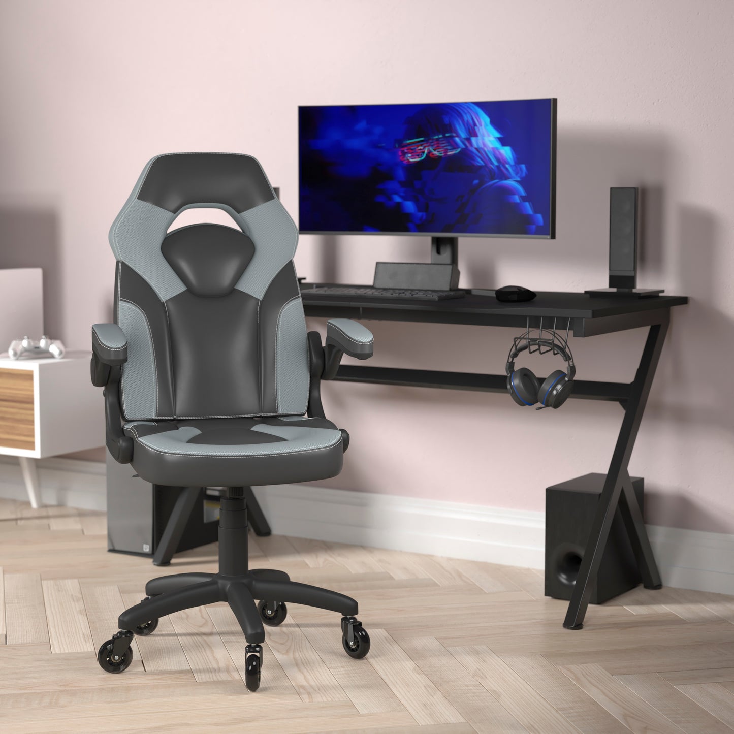 X10 Gaming Chair Racing Office Computer PC Adjustable Chair with Flip-up Arms and Transparent Roller Wheels, Gray/Black LeatherSoft Gray