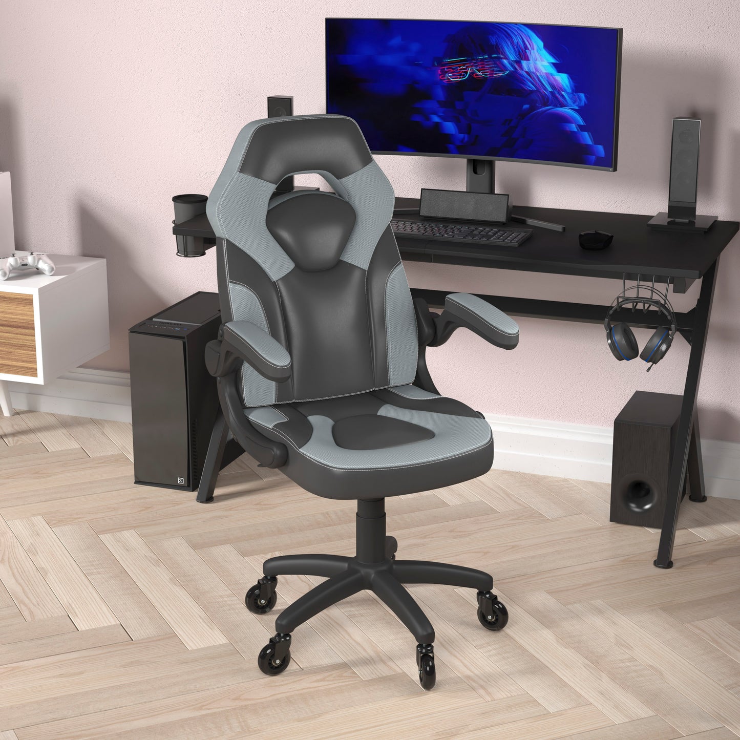 X10 Gaming Chair Racing Office Computer PC Adjustable Chair with Flip-up Arms and Transparent Roller Wheels, Gray/Black LeatherSoft Gray