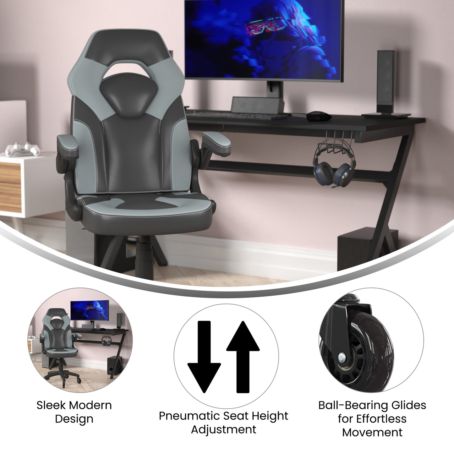 X10 Gaming Chair Racing Office Computer PC Adjustable Chair with Flip-up Arms and Transparent Roller Wheels, Gray/Black LeatherSoft Gray