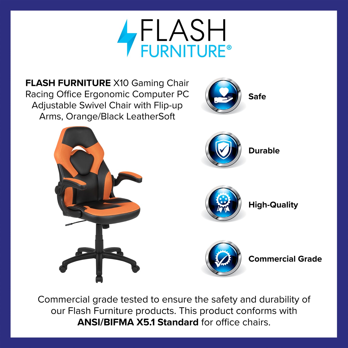 X10 Gaming Chair, Racing Style Ergonomic Office Chair, Height Adjustable Swivel Computer Chair with Flip-Up Arms, Orange/Black LeatherSoft Orange